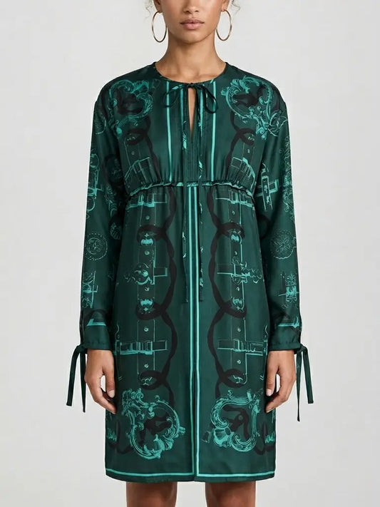 Emerald Print Silk Tunic Mini Dress - s - Dresses
