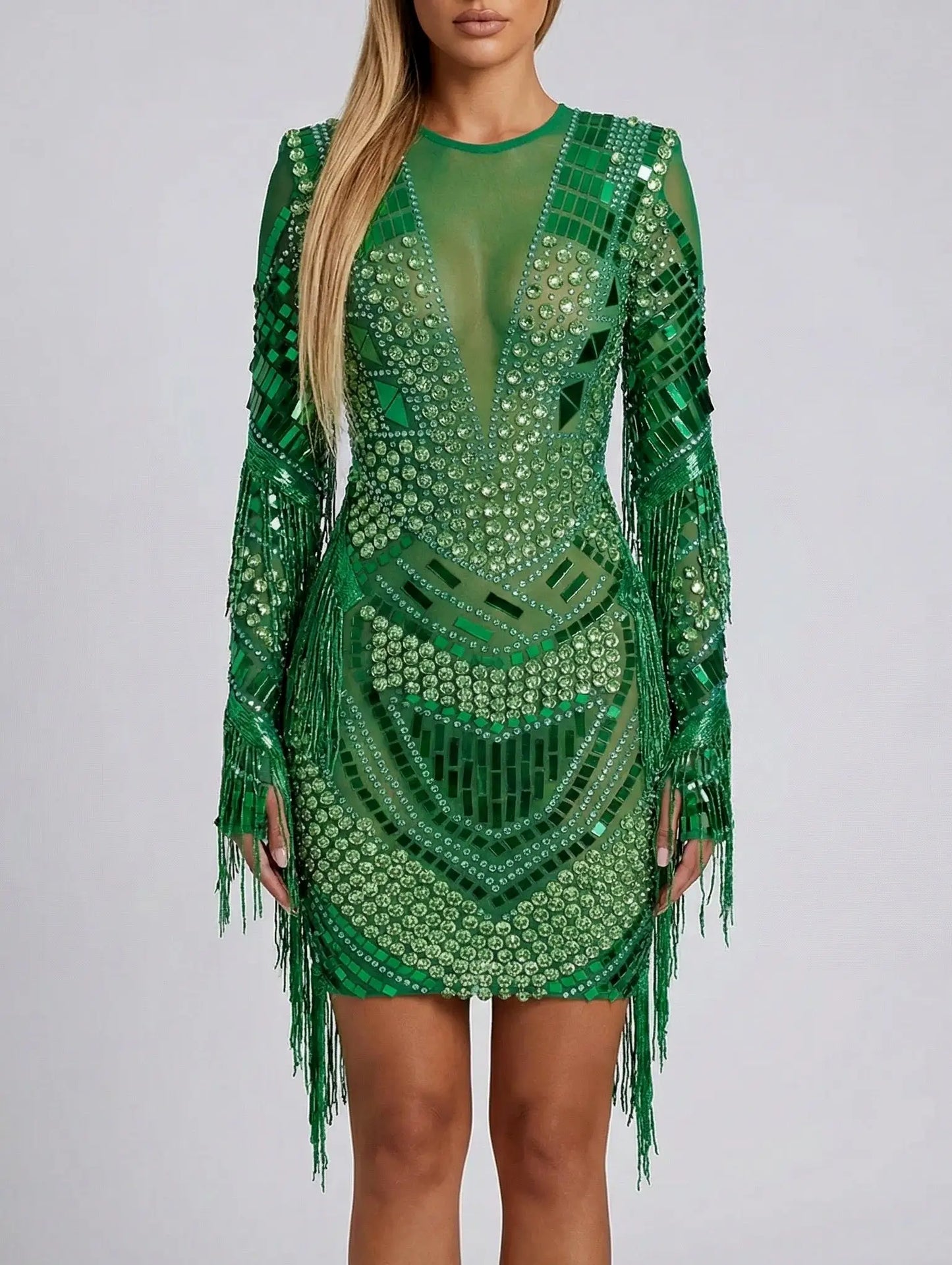 Emerald Rhinestone-Embellished Fringe Mini Dress - XS - Dresses