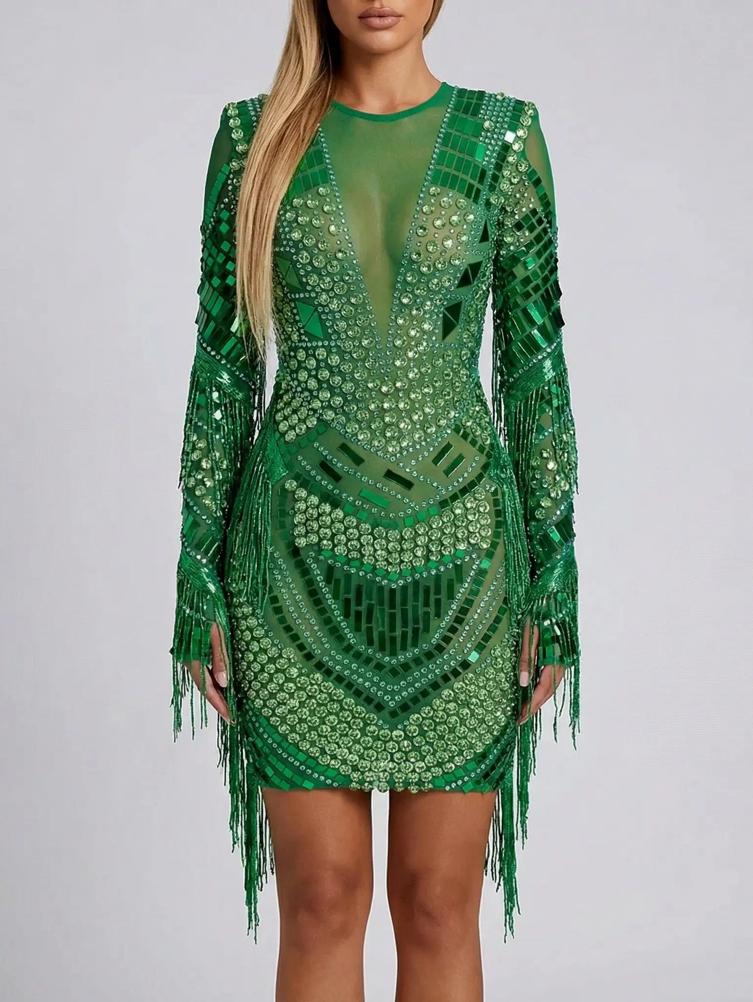 Emerald Rhinestone-Embellished Fringe Mini Dress - XS - Dresses