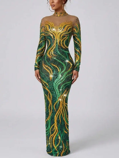 Emerald Rhinestone Embellished Stretch Mesh Maxi Dress - S - Dresses
