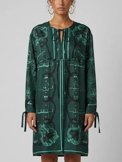 Emerald Print Silk Tunic Mini Dress - Dresses