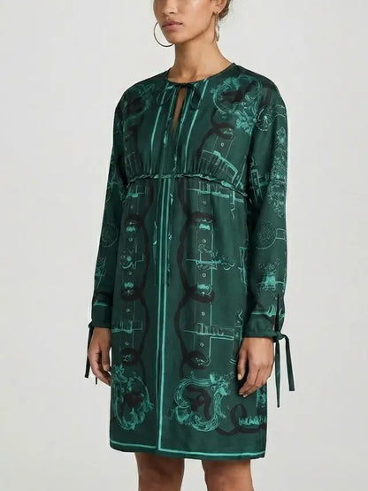 Emerald Print Silk Tunic Mini Dress - Dresses