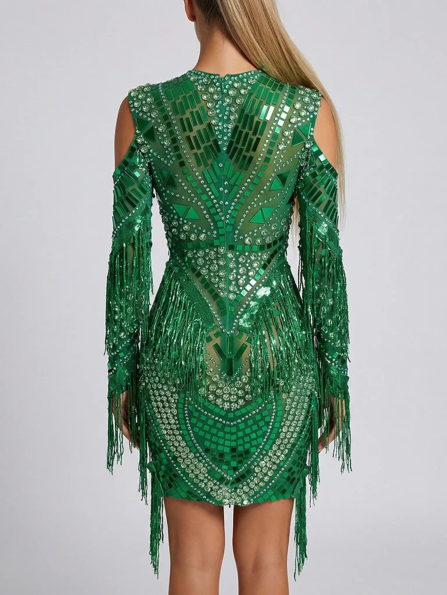 Emerald Rhinestone-Embellished Fringe Mini Dress - Dresses