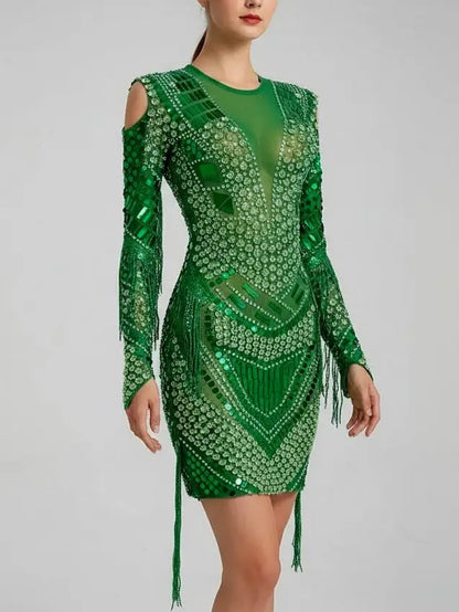 Emerald Rhinestone-Embellished Fringe Mini Dress - Dresses