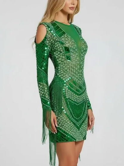Emerald Rhinestone-Embellished Fringe Mini Dress - Dresses