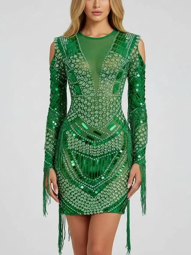 Emerald Rhinestone-Embellished Fringe Mini Dress - Dresses