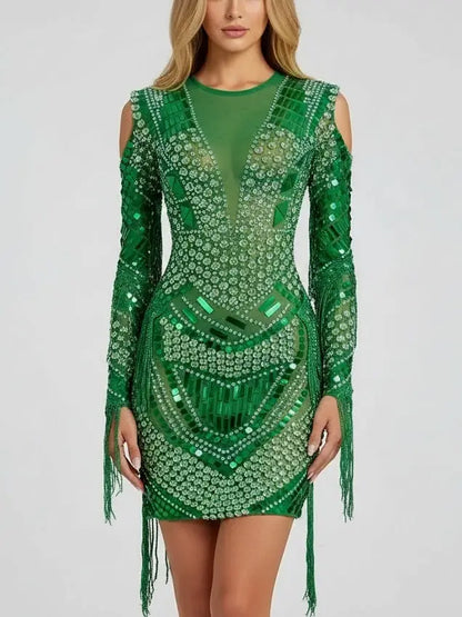 Emerald Rhinestone-Embellished Fringe Mini Dress - Dresses