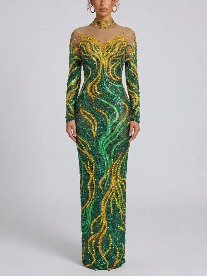 Emerald Rhinestone Embellished Stretch Mesh Maxi Dress - Dresses