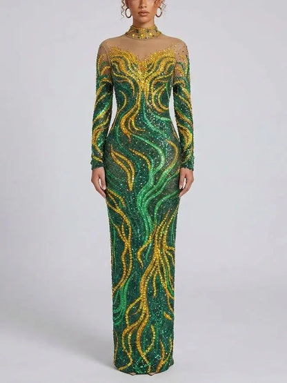 Emerald Rhinestone Embellished Stretch Mesh Maxi Dress - Dresses