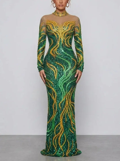 Emerald Rhinestone Embellished Stretch Mesh Maxi Dress - Dresses