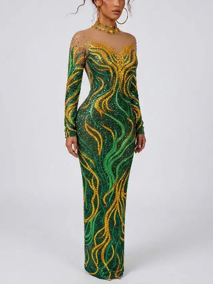 Emerald Rhinestone Embellished Stretch Mesh Maxi Dress - Dresses