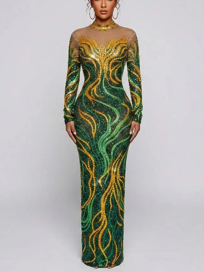 Emerald Rhinestone Embellished Stretch Mesh Maxi Dress - Dresses