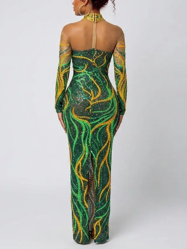 Emerald Rhinestone Embellished Stretch Mesh Maxi Dress - Dresses