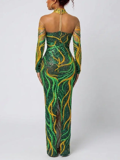 Emerald Rhinestone Embellished Stretch Mesh Maxi Dress - Dresses