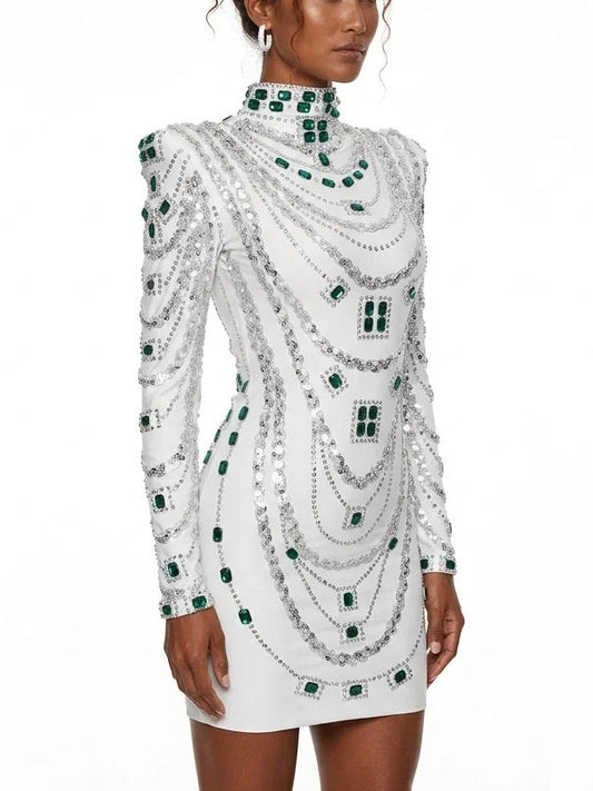 Emerald Rhinestone Embellished White Mini Dress - Dresses