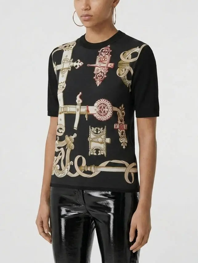 Equestrian Harness Print Knit Top - Tops