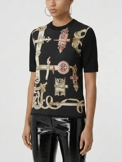 Equestrian Harness Print Knit Top - Tops