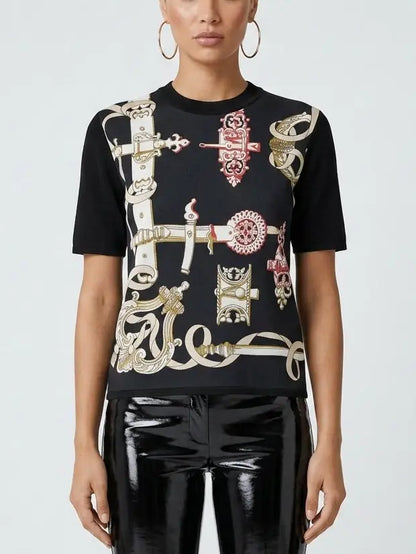 Equestrian Harness Print Knit Top - Tops