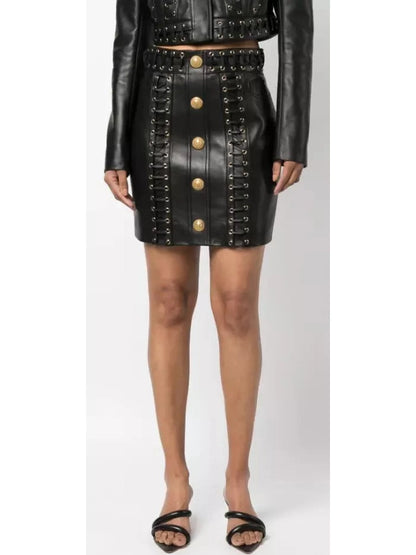 Eyelet-Embellished Buttoned Leather Mini Skirt - Branna Couture