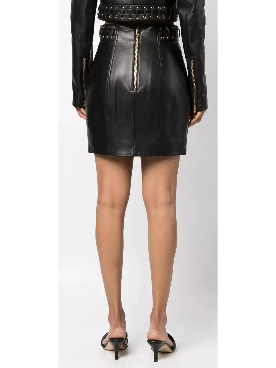 Eyelet-Embellished Buttoned Leather Mini Skirt - Branna Couture