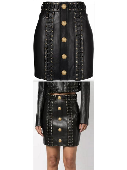 Eyelet-Embellished Buttoned Leather Mini Skirt - Branna Couture