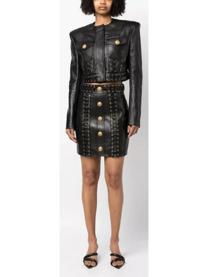 Eyelet-Embellished Buttoned Leather Mini Skirt - Branna Couture