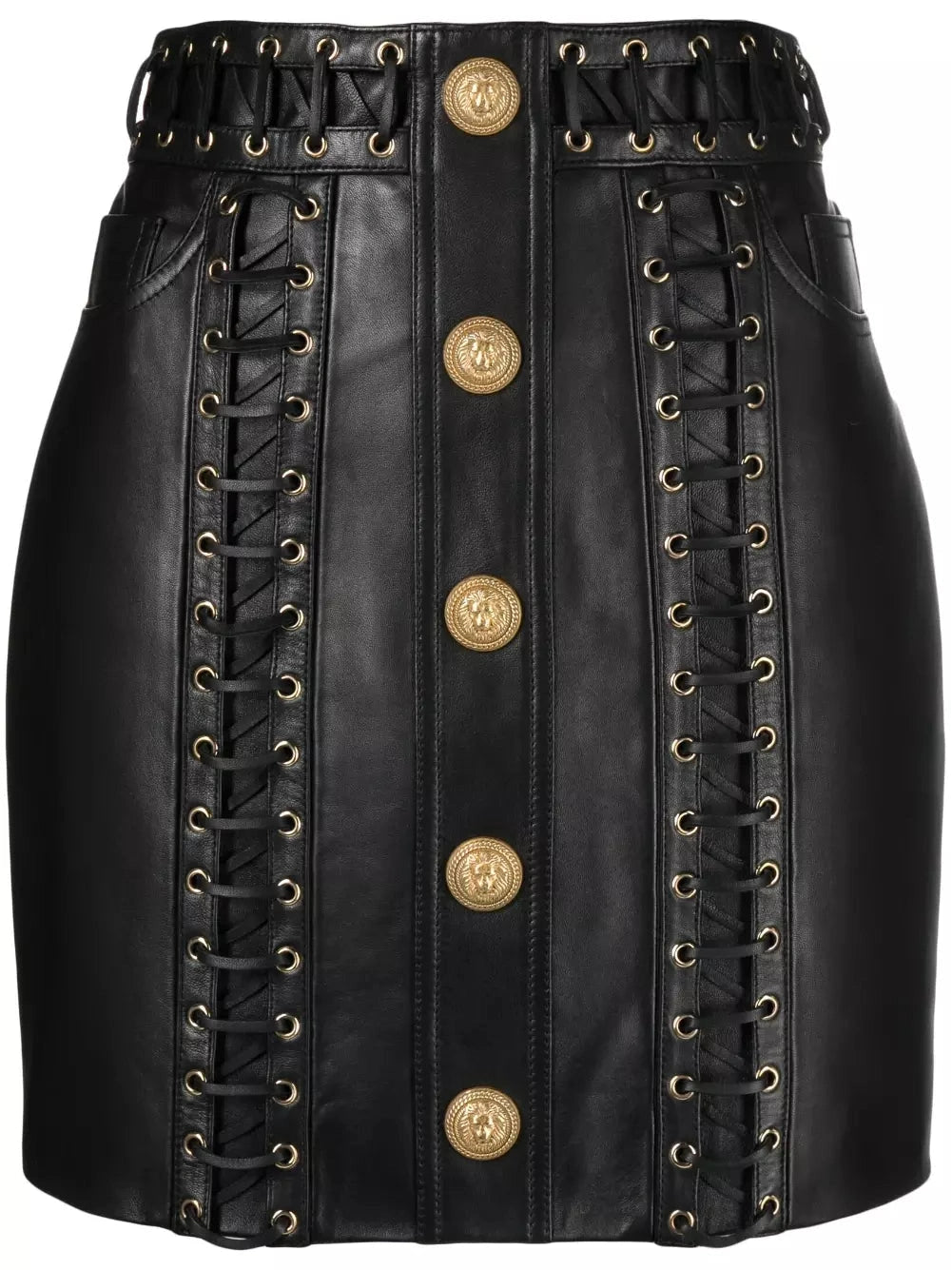 Eyelet-Embellished Buttoned Leather Mini Skirt - Branna Couture