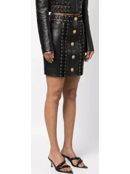 Eyelet-Embellished Buttoned Leather Mini Skirt - Branna Couture