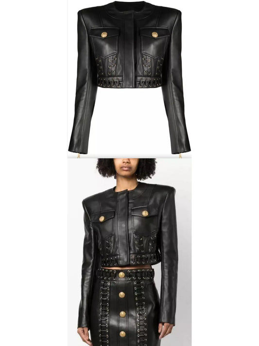 Eyelet-Embellished Cropped Leather Jacket - Branna Couture