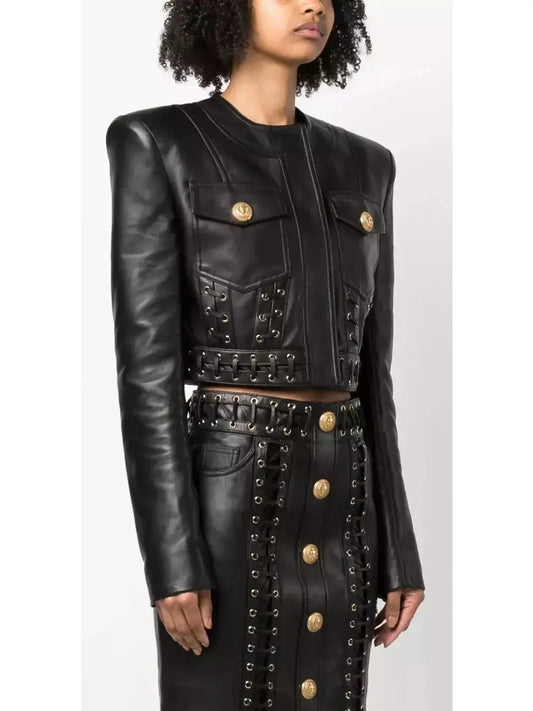 Eyelet-Embellished Cropped Leather Jacket - Branna Couture