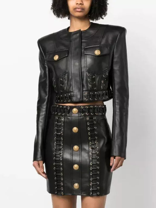 Eyelet-Embellished Cropped Leather Jacket