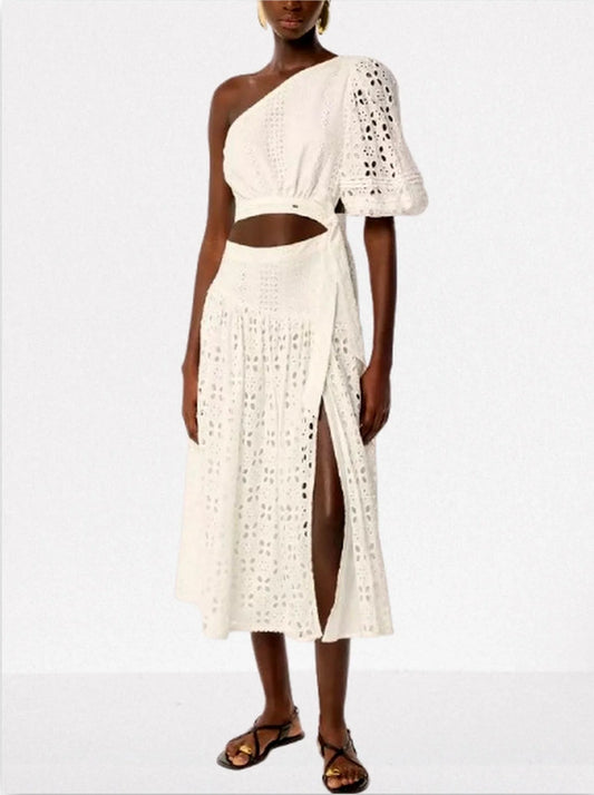 Eyelet Cut-Out One-Sleeve Open-Waist White Dress - S - Dresses