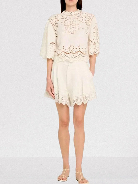 Eyelet Embroidered Top and Short Set - Small / White - Suits & Sets