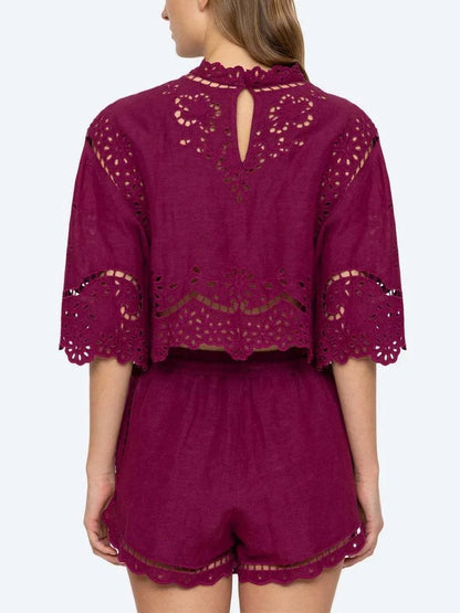 Eyelet Embroidered Top and Short Set - Suits & Sets