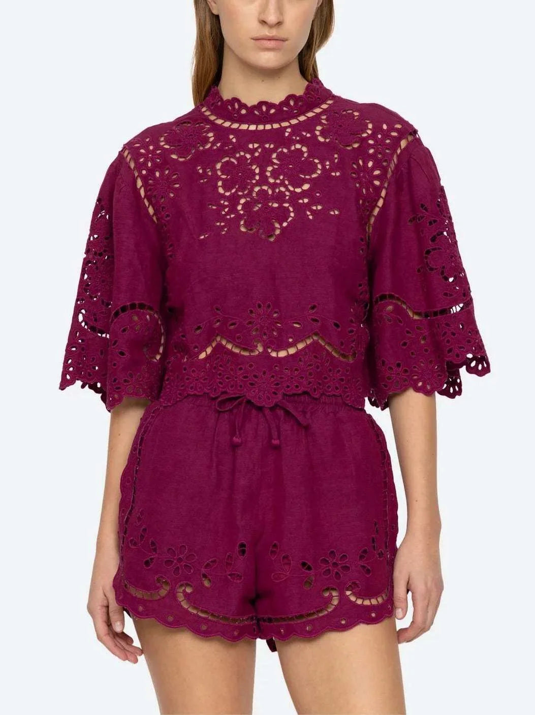 Eyelet Embroidered Top and Short Set - Suits & Sets