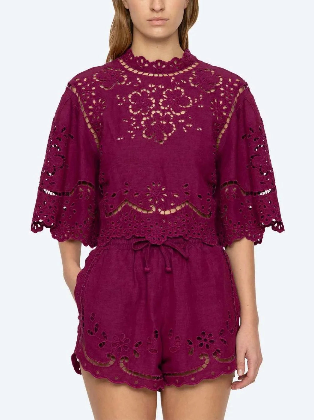 Eyelet Embroidered Top and Short Set - Small / Bordeaux - Suits & Sets
