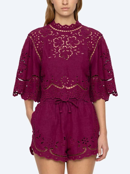Eyelet Embroidered Top and Short Set - Small / Bordeaux - Suits & Sets
