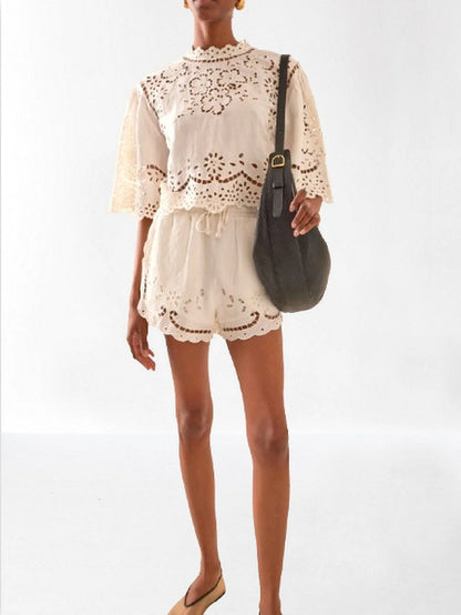 Eyelet Embroidered Top and Short Set - Suits & Sets