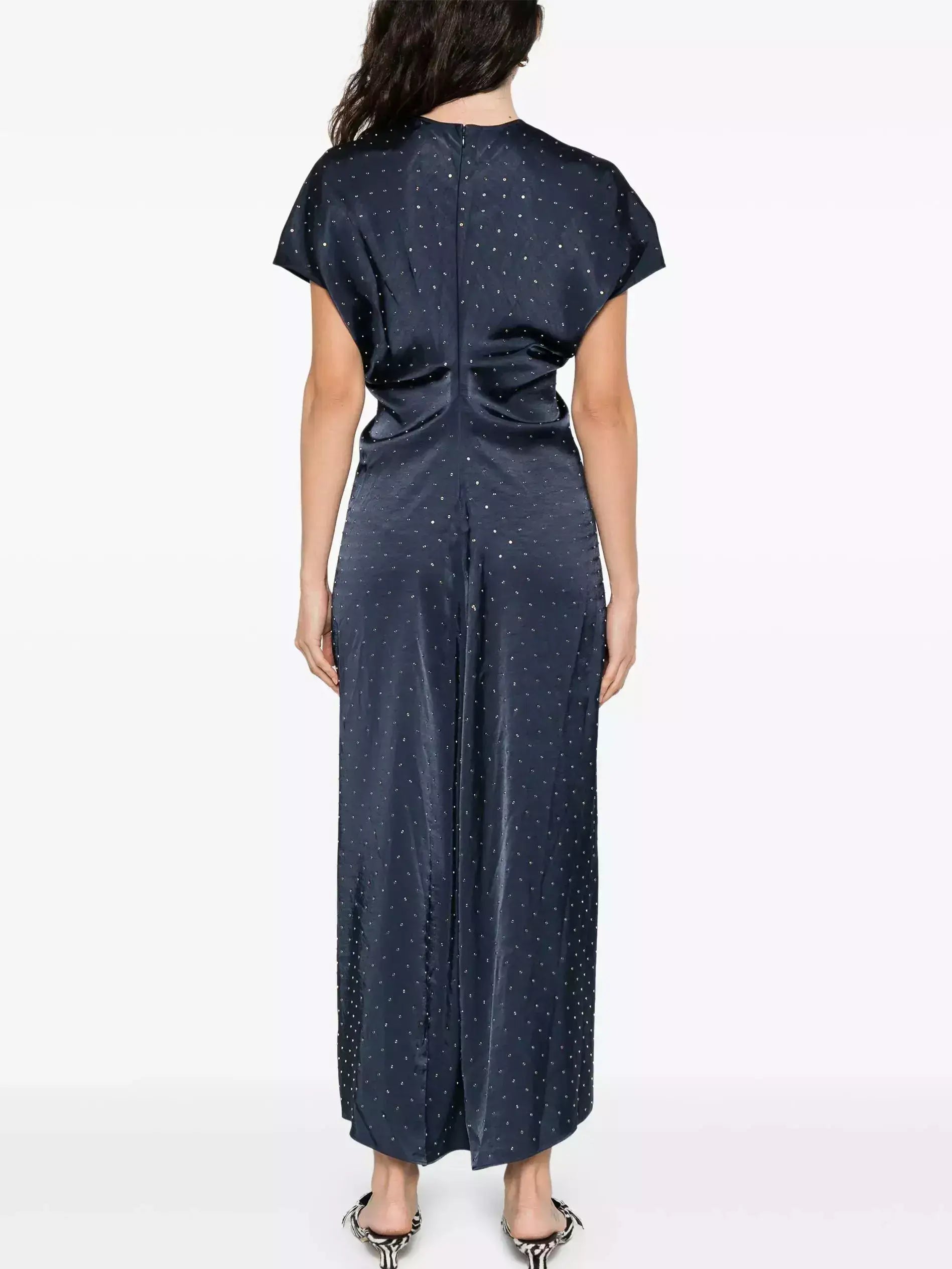 Eyelet Satin Short-Sleeve Dress in Navy Blue - Dresses