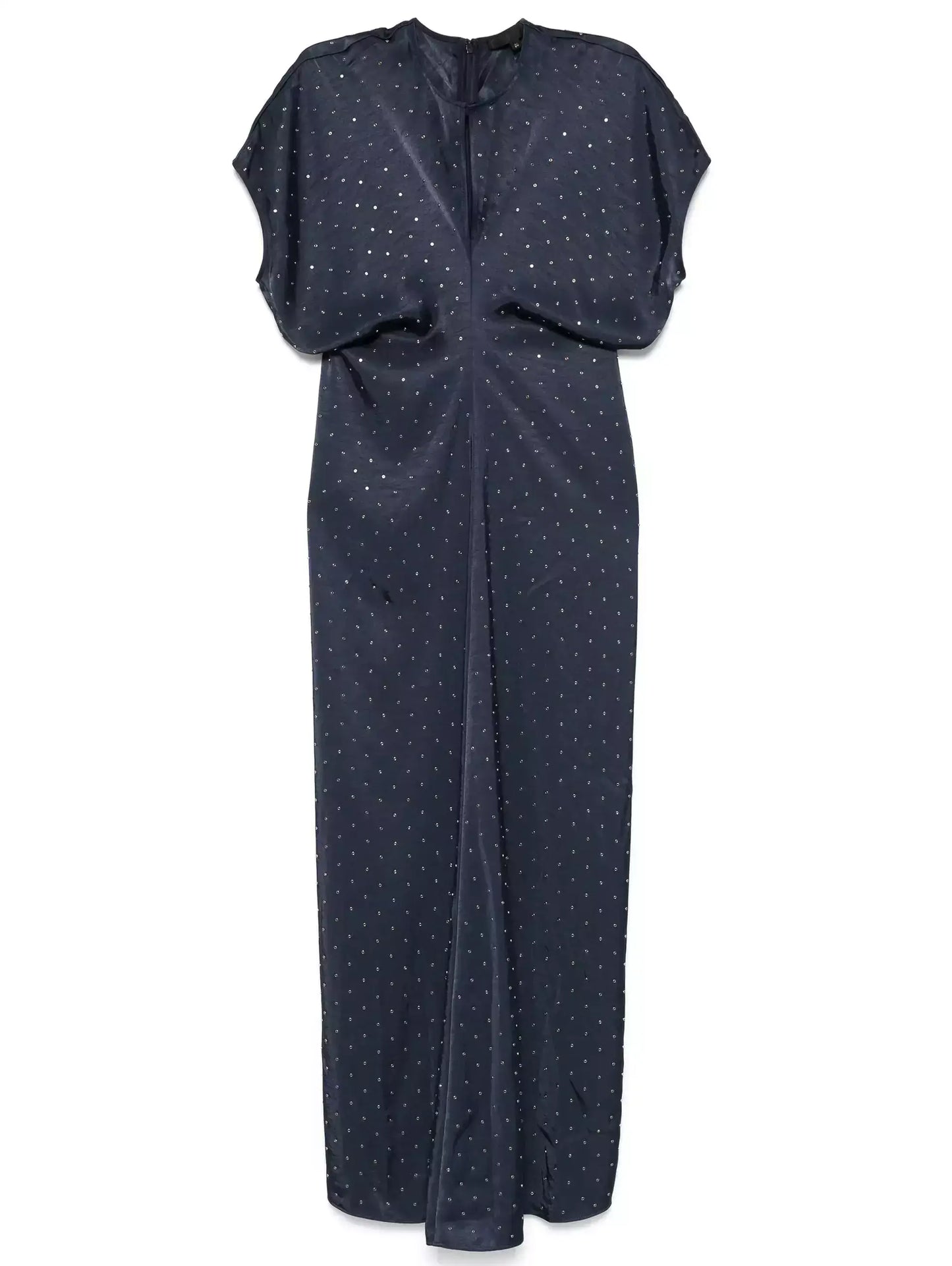 Eyelet Satin Short-Sleeve Dress in Navy Blue - Dresses