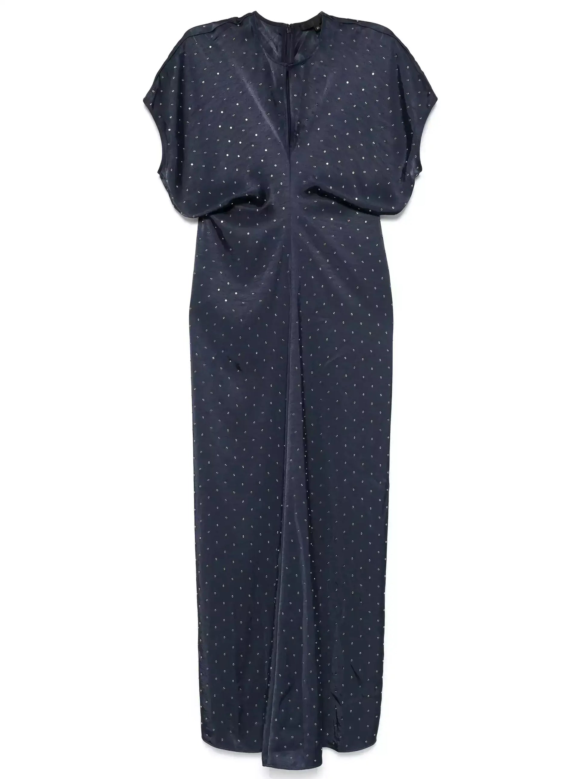 Eyelet Satin Short-Sleeve Dress in Navy Blue - Dresses