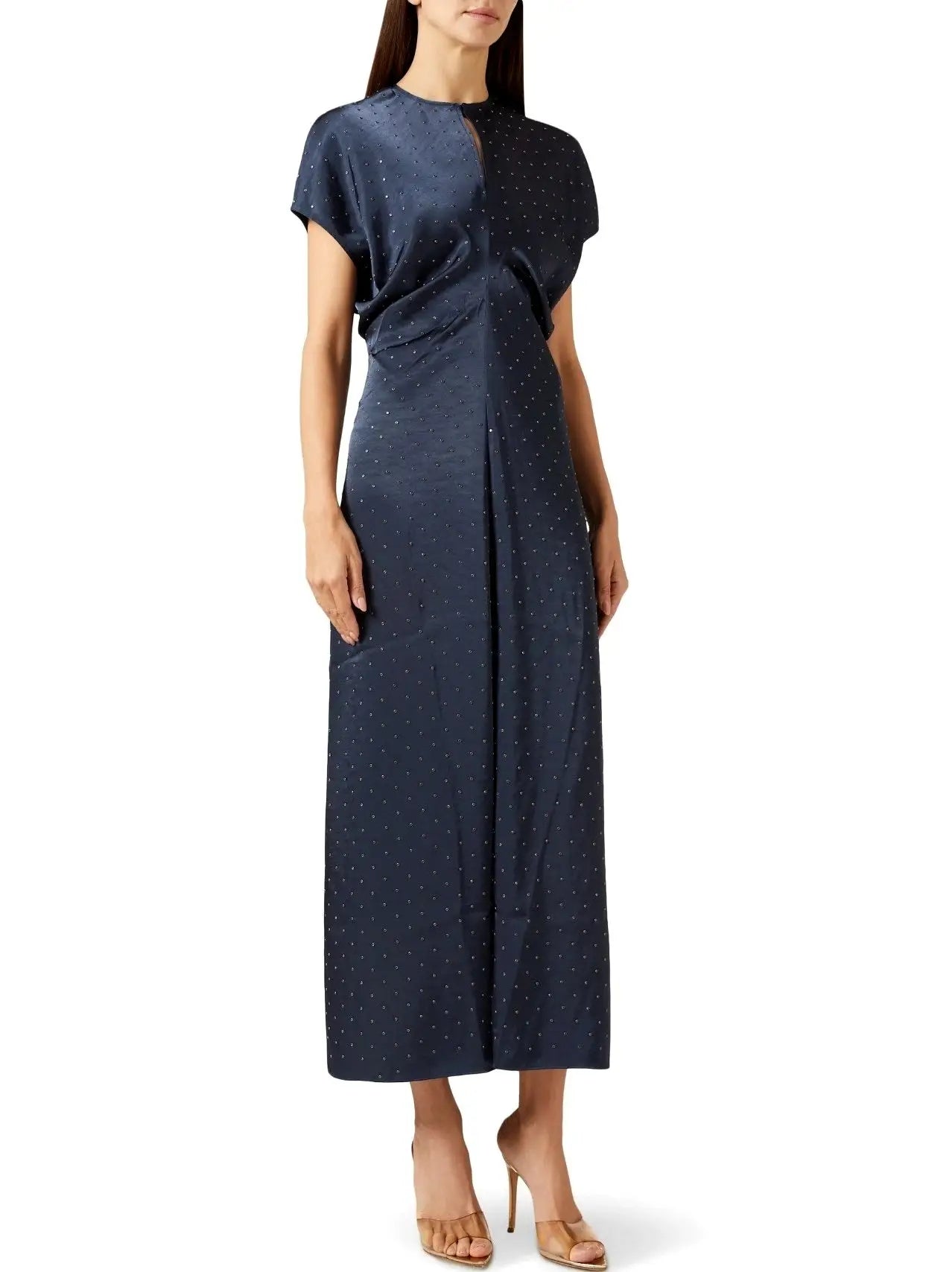 Eyelet Satin Short-Sleeve Dress in Navy Blue - Dresses