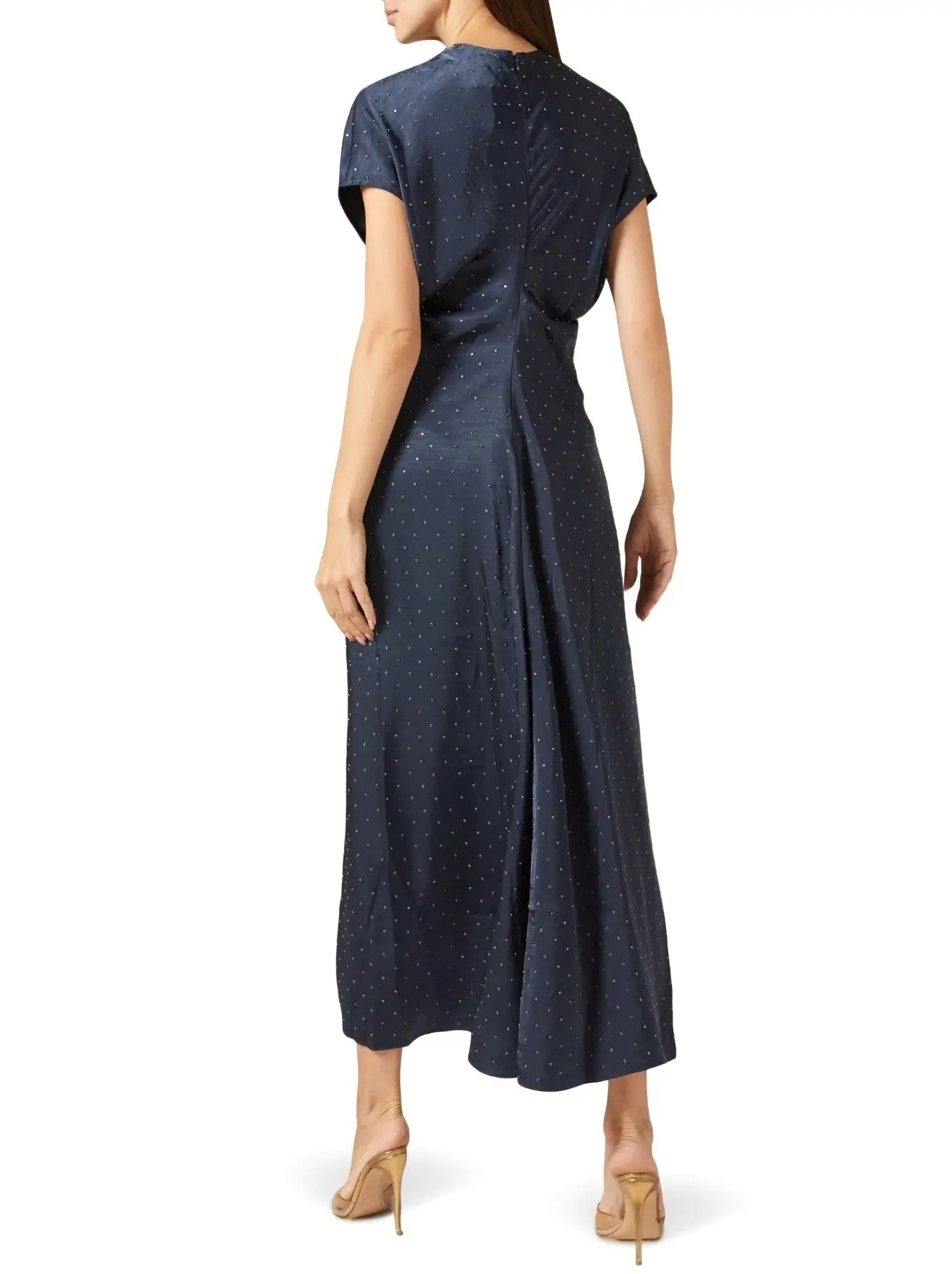 Eyelet Satin Short-Sleeve Dress in Navy Blue - Dresses