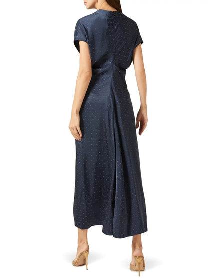 Eyelet Satin Short-Sleeve Dress in Navy Blue - Dresses