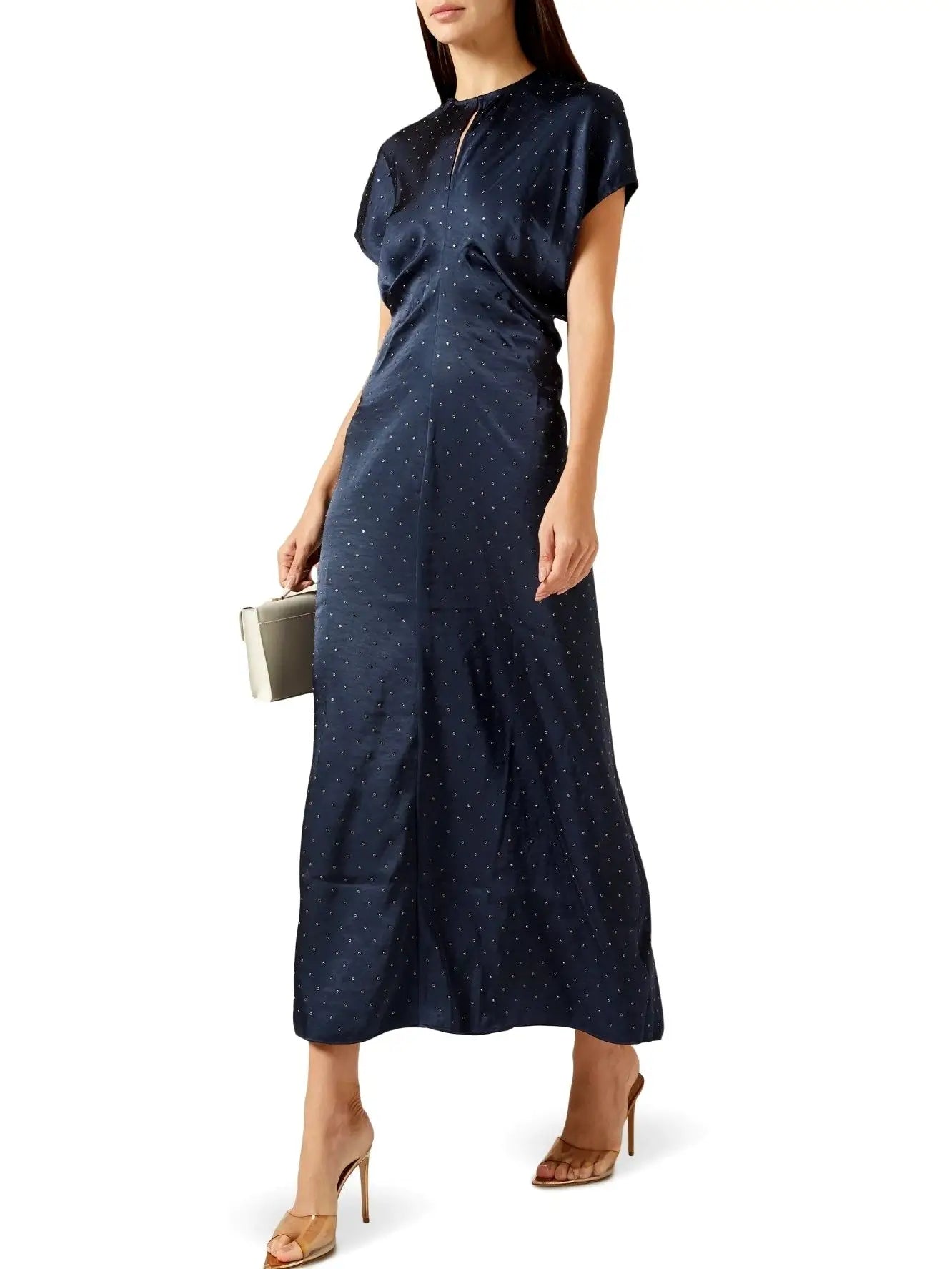 Eyelet Satin Short-Sleeve Dress in Navy Blue - Dresses