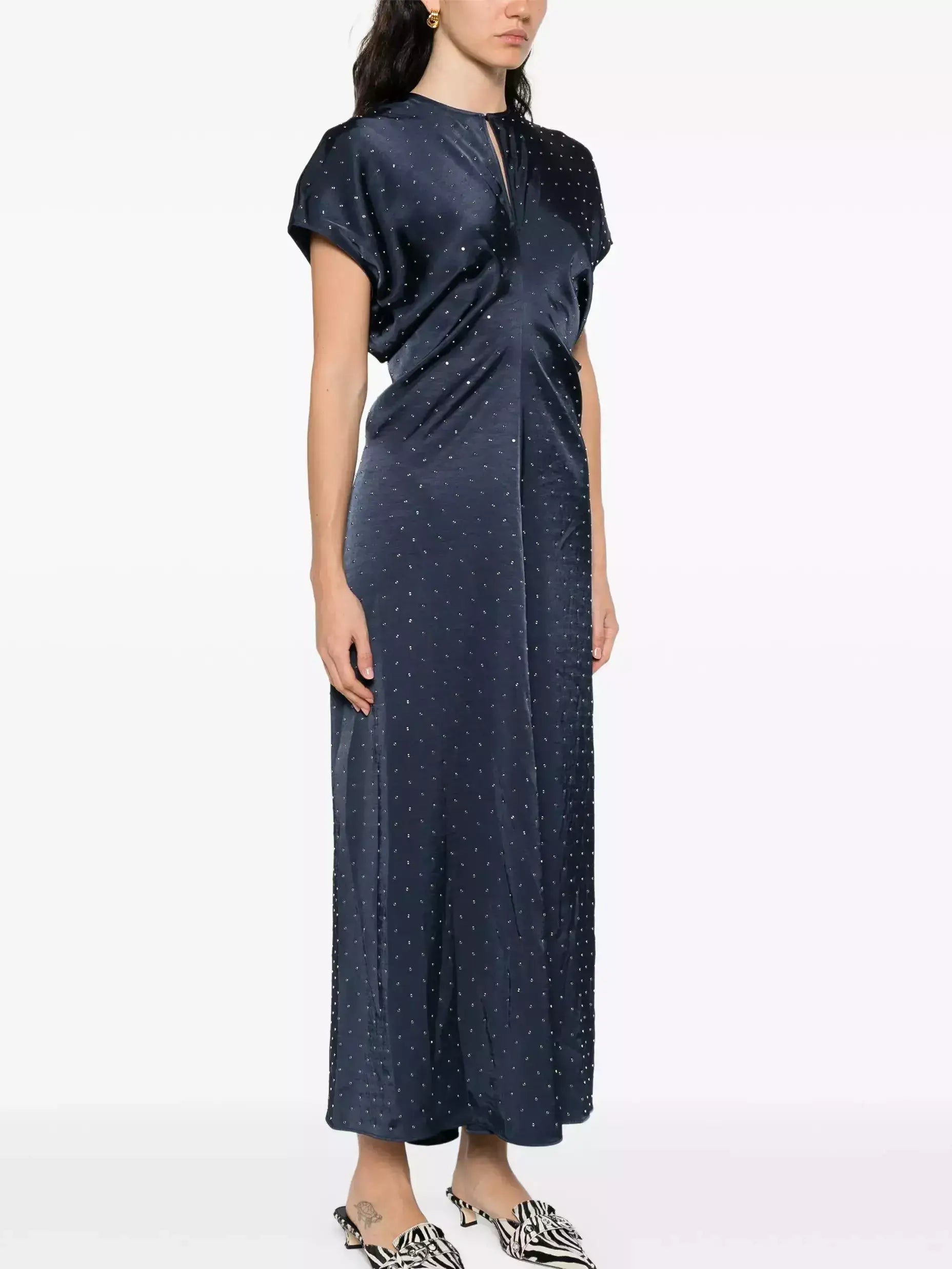 Eyelet Satin Short-Sleeve Dress in Navy Blue - Dresses