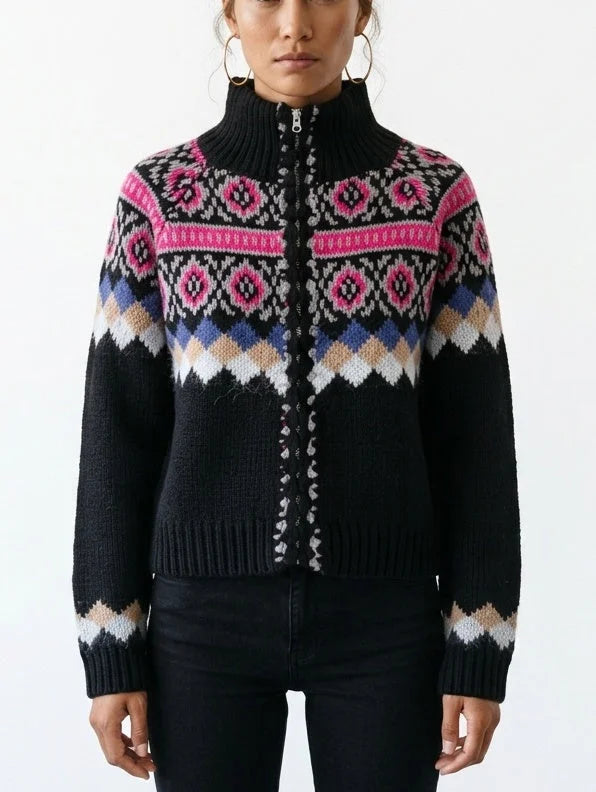 Fair Isle Zip Front High Neck Wool Cotton Cardigan - Small - Sweaters & Knitwear