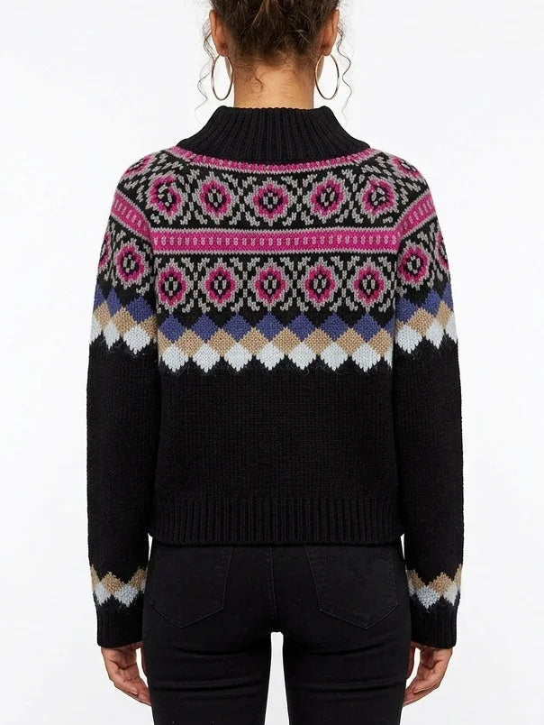 Fair Isle Zip Front High Neck Wool Cotton Cardigan - Sweaters & Knitwear