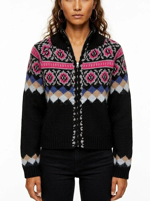 Fair Isle Zip Front High Neck Wool Cotton Cardigan - Sweaters & Knitwear