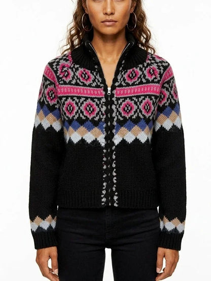 Fair Isle Zip Front High Neck Wool Cotton Cardigan - Sweaters & Knitwear